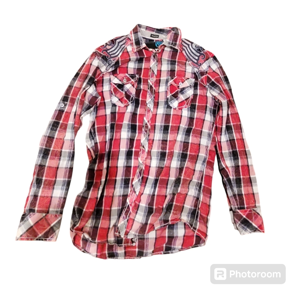 Roar Men's Embroidered Red Plaid Button Up shirt size Large